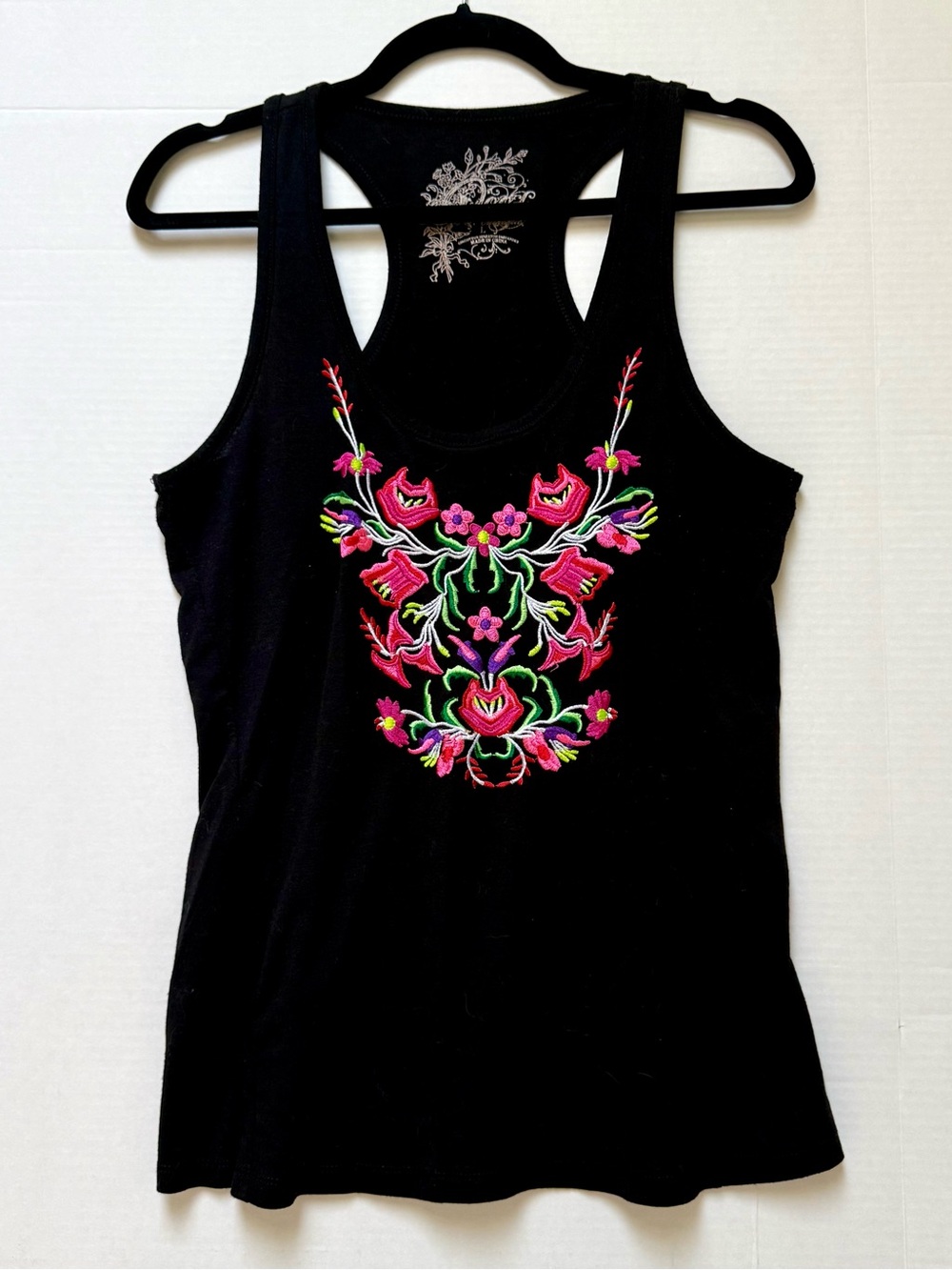 MEXICAL FLORAL TANK TOP BLACK RACERBACK SOFT EMBROIDERED SIZE LARGE